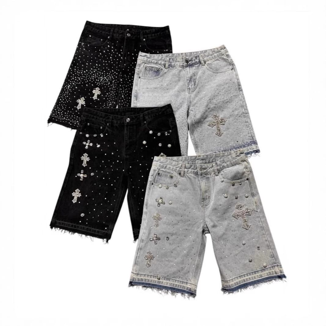 European and American Cross-Border High Street Full Rhinestones 2025 New Hip-Hop Cross Straight Rhinestone Denim Shorts Five-Point Jeans