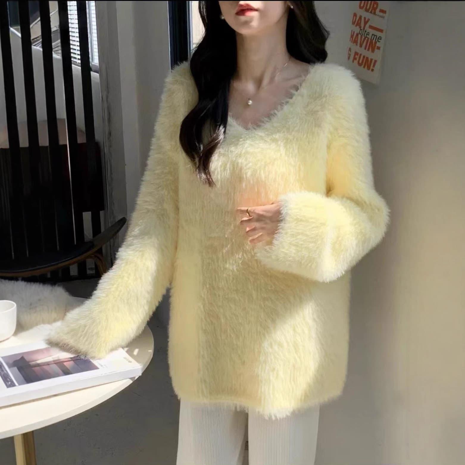 Lazy Style Imitation Mink Fur V-Neck Sweater Women's Autumn Winter Large Size Plus Size Slimming Loose Concealing Knit Top