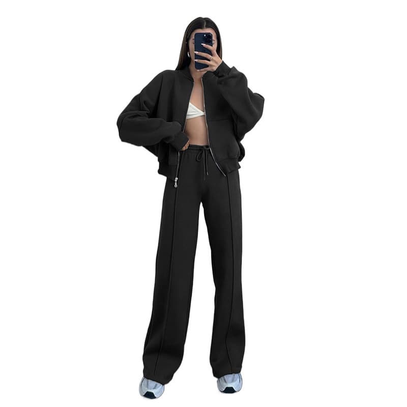Cross-border European and American Women's Fashion 2026 New Trendy Casual Set Solid Color Long Sleeve Zip-up Sweatshirt and Pants Two-piece Set