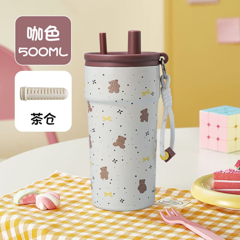 New 316 Stainless Steel Water Cup for Women, Large Capacity Straw Cup, Stylish Design, Cute Insulated Cup, Student Cartoon Cup