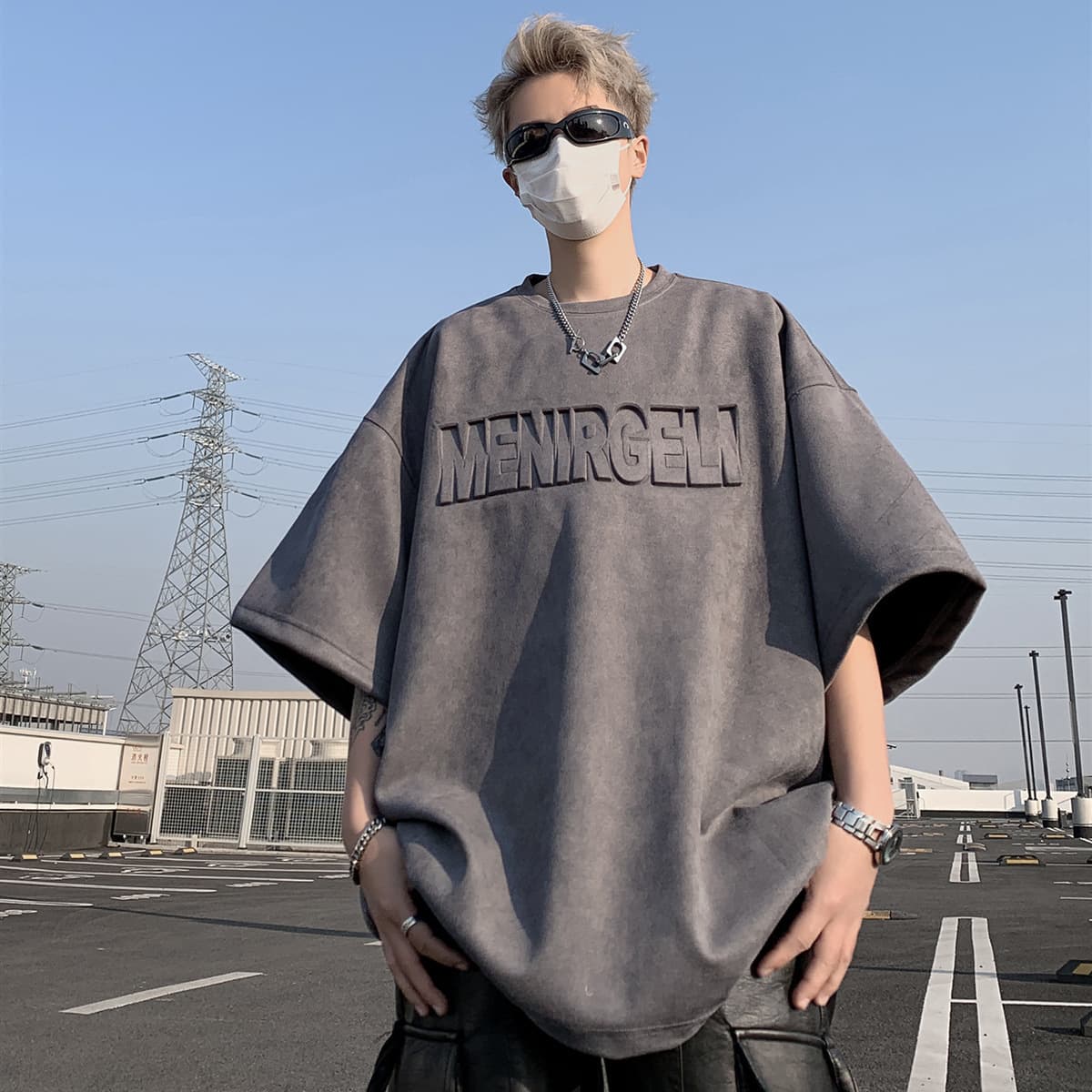 Embossed Letter Suede T-Shirt Men's American Heavyweight Short Sleeve Oversized Summer Drop Shoulder Plus Size Five-Quarter Sleeve
