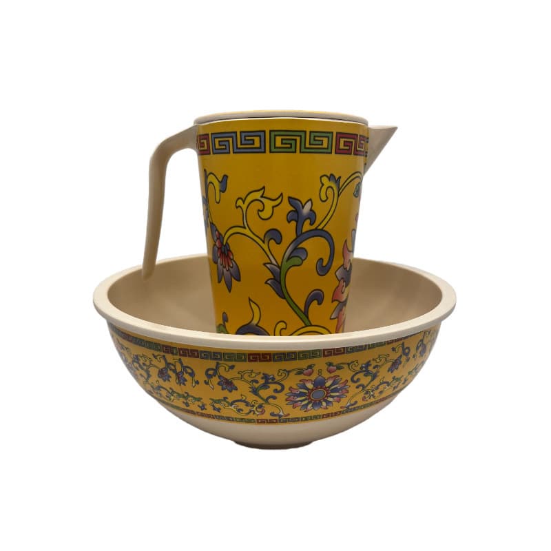 Bamboo Fiber Melamine Cold Water Pitcher with Lid and Salad Bowl Set with Floral Pattern, Thickened Large Bowl Combination Set