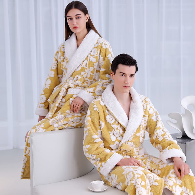 Autumn Winter New Silver Gray Double Layer Thickened Jacquard Soft Velvet Nightgown for Men, Long Velvet Bathrobe for Women