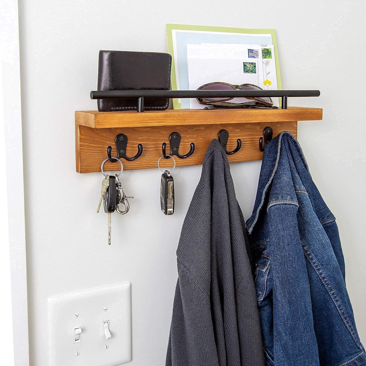 Wall Letter and Key Holder Decorative Wooden Wall Shelf Wall-Mounted Coat Rack Key Holder