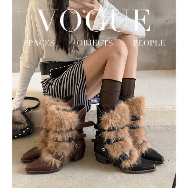 Sweet Cool Style Rivet Short Boots Women's Fur Patchwork Boots Pointed Toe Chunky Heel Warm Lace-up Motorcycle Martin Boots