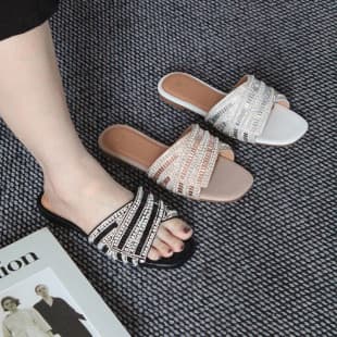 Ladies Slippers - Chaozhou Foreign Trade Women's Shoes New Rhinestone Fashion Square Toe Flat Slippers Craft Shoes