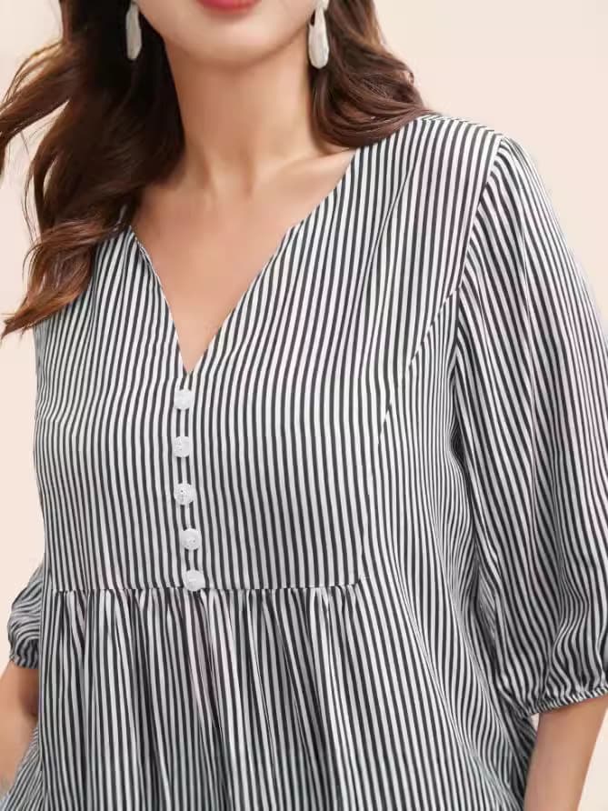 Cross-border Plus Size Loose Women's Striped V-Neck Blouse with Pleated Button Details and Lantern Sleeves
