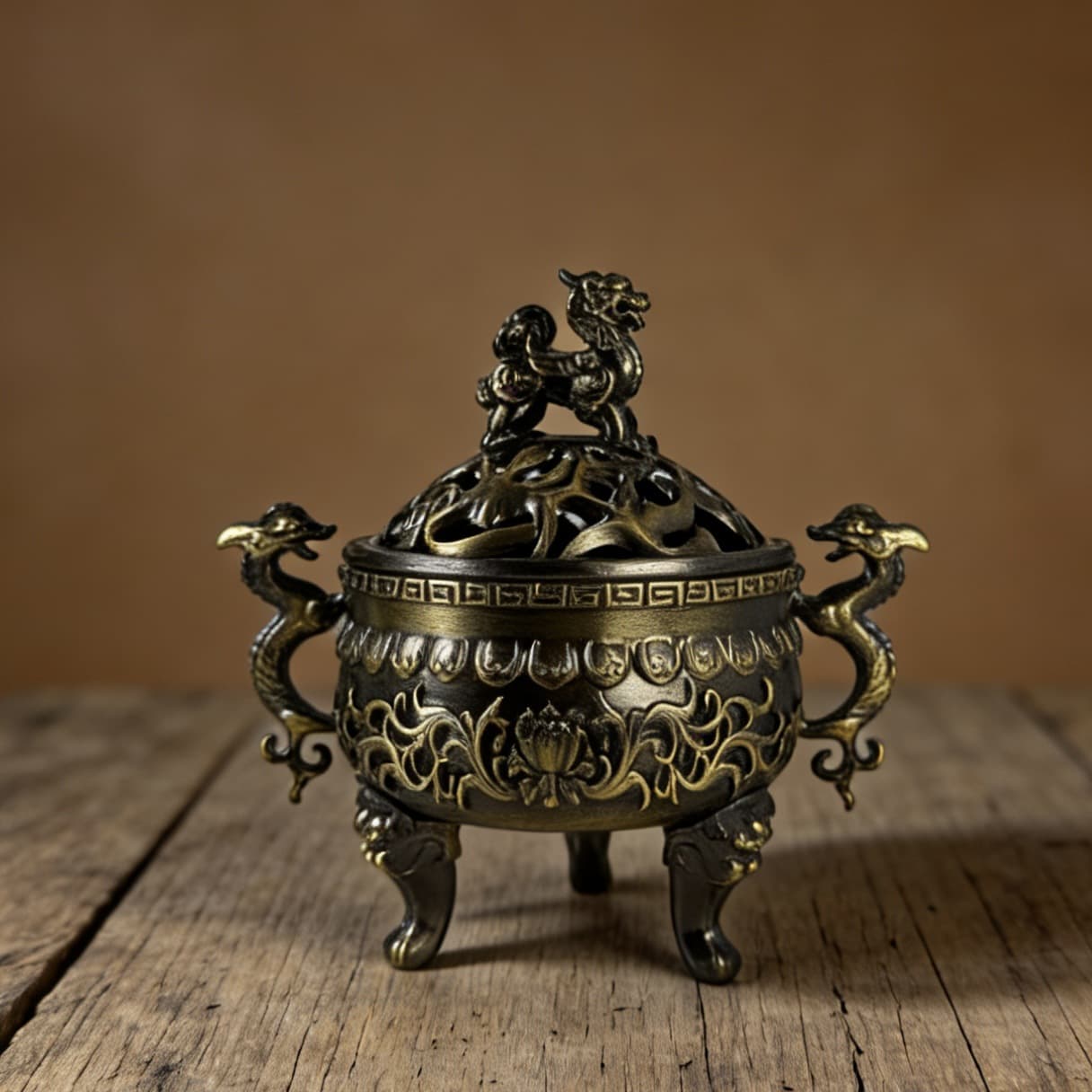 Large Three-Legged Qilin Incense Burner with Double Dragons, Indoor Incense Stove for Coil and Sandalwood, Chinese Style Home Incense Burner, Alloy