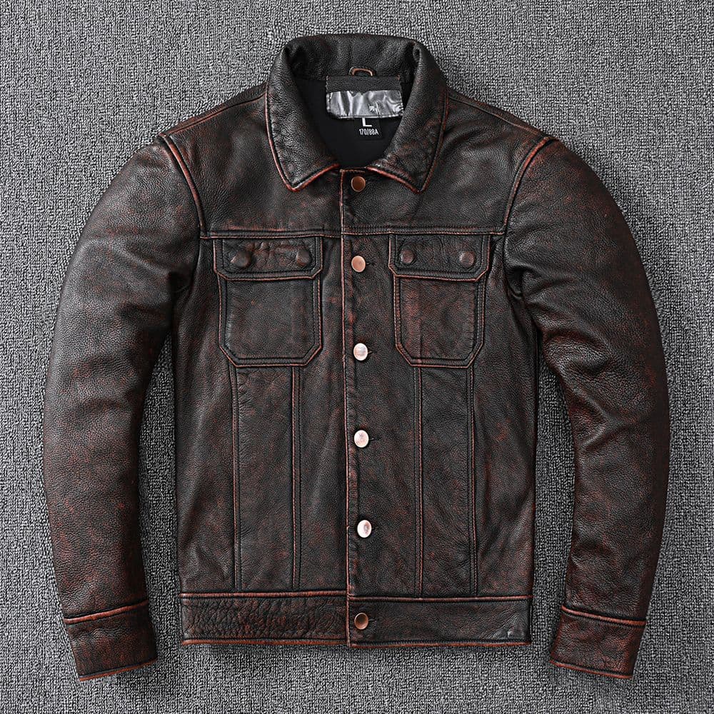 Americana style, bargain find: Denim leather jacket, genuine top-grain cowhide leather, men's stone-washed distressed American style coat.