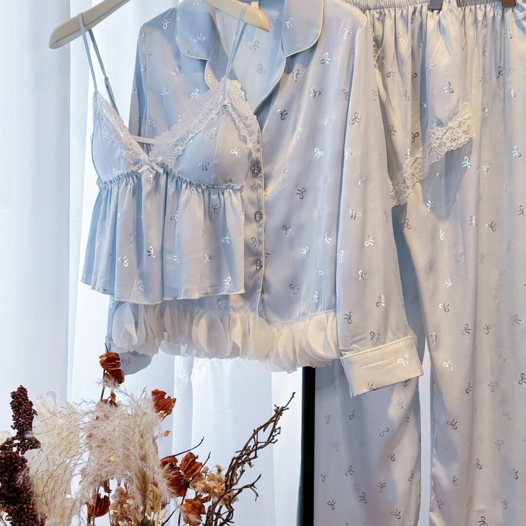Long-Sleeved Pajamas for Women, Summer Breast Pads, Thin Sexy Ice Silk Suspenders, Four-Piece Home Clothes, Women's Summer Suit