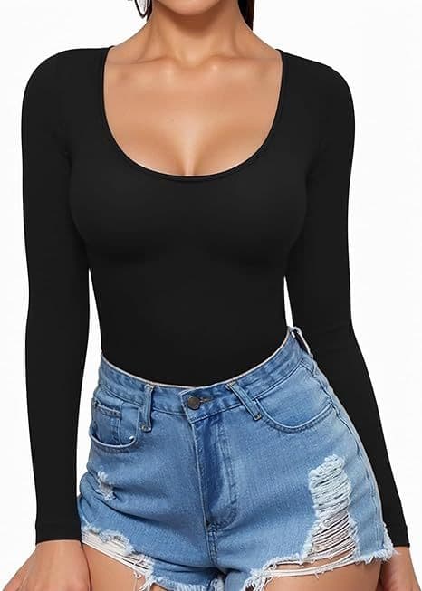 2024 Amazon European and American Women's Low Round Neck Long Sleeve Sexy Fitted T-Shirt Waist-Cinching Top European and American Style