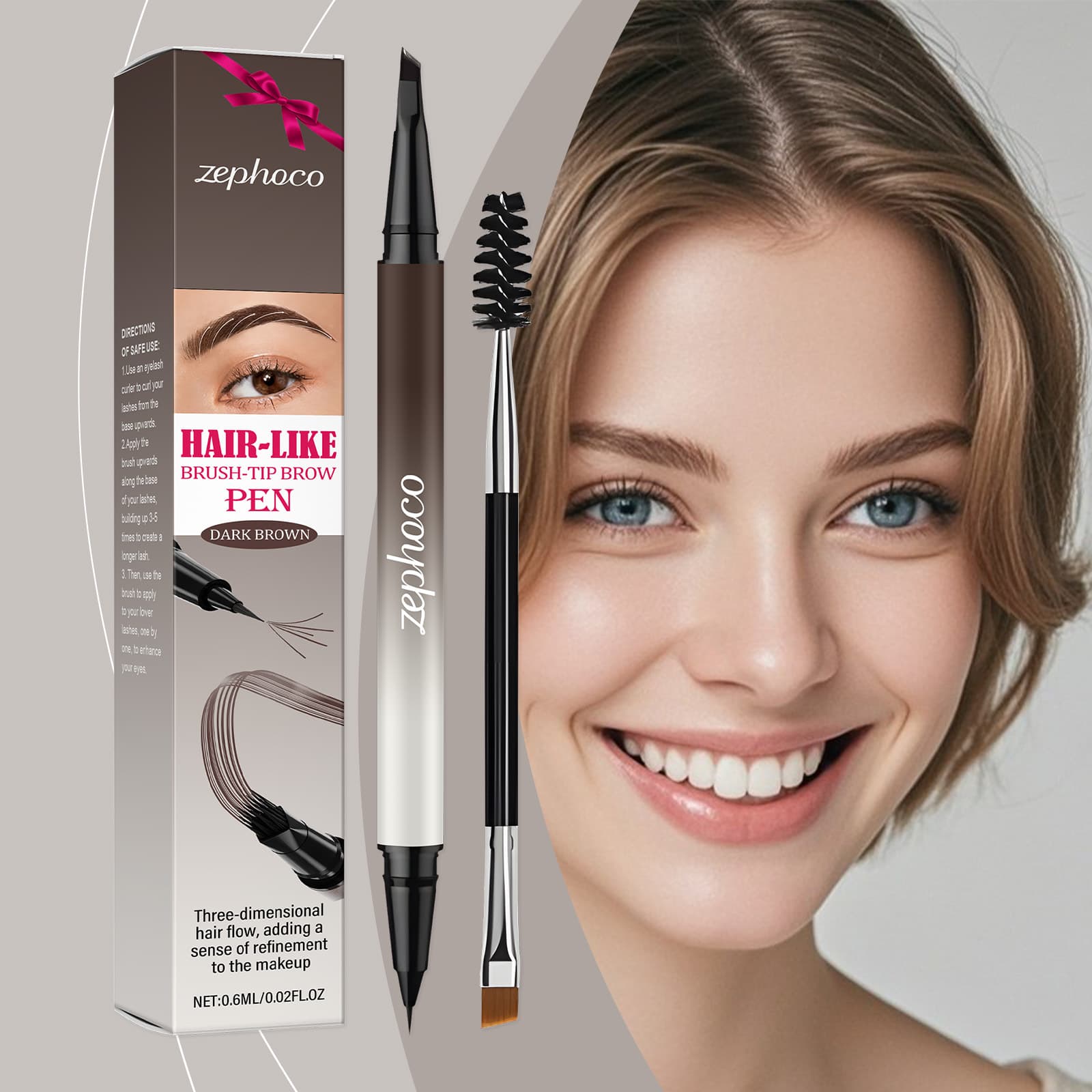 Zephoco Natural Wild Eyebrow Pencil (Dark Brown) double-headed spiral brush head creates soft mist eyebrows