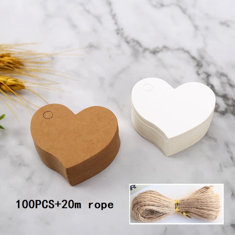 100 pieces + 20m string, heart-shaped tags 4.5*4cm gift labels vintage kraft paper blank cards