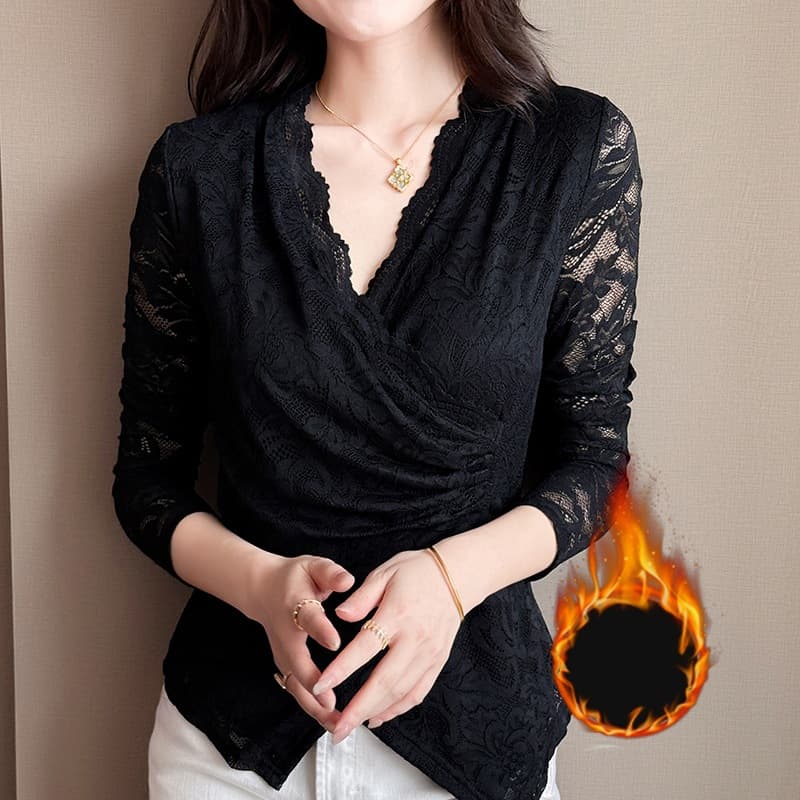 Fleece-lined V-neck lace base layer top, women's long-sleeved t-shirt, autumn and winter new style slim fit thickened top, fashionable blouse