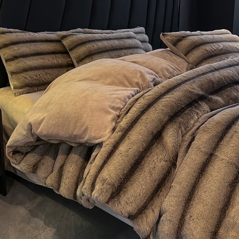 Luxury Winter Warm Toscana Long Plush Rabbit Velvet 4-Piece Set, Milk Velvet Fitted Sheet and Duvet Cover Bedding