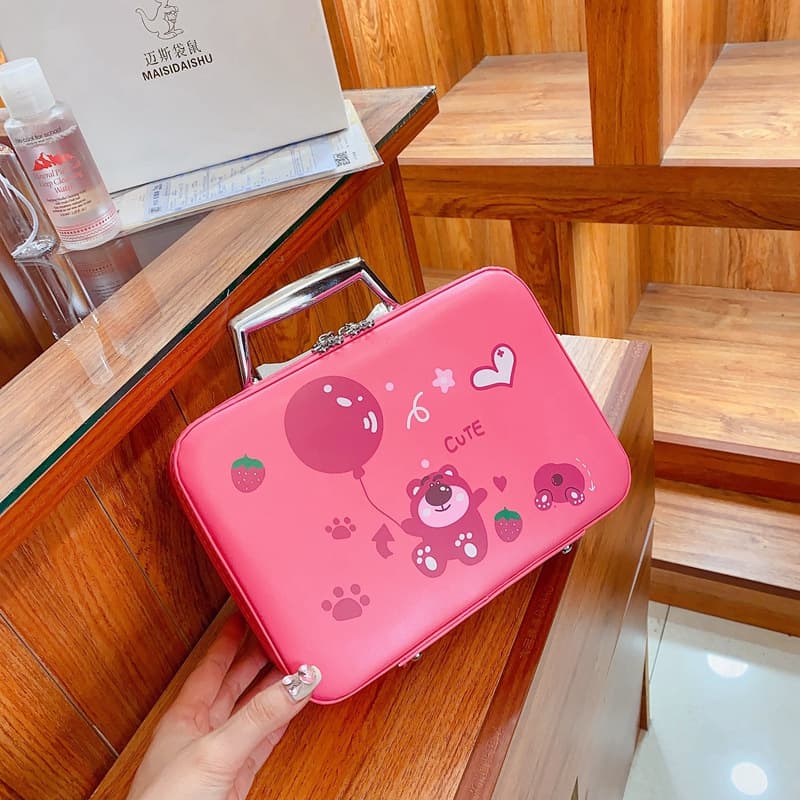 New Cute Cartoon Handle Cosmetic Case Portable Makeup Bag PU Travel Storage Bag Makeup Gift Box