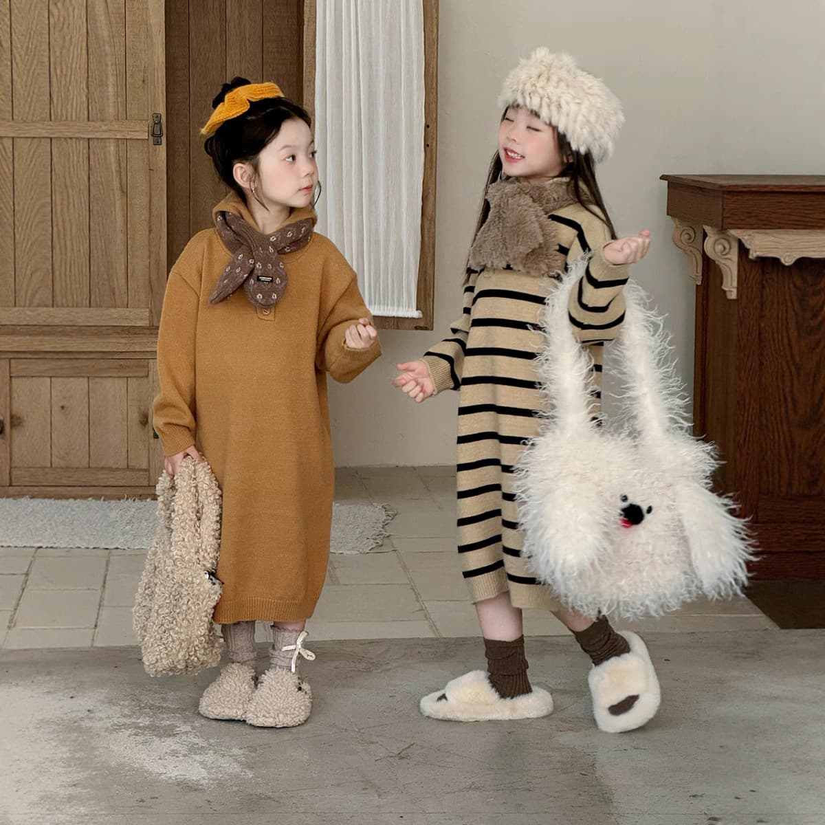 Yuyu Princess Children's Autumn Winter Korean Style Striped Sweater Dress Loose Hooded Knitwear Girls' Long Dress