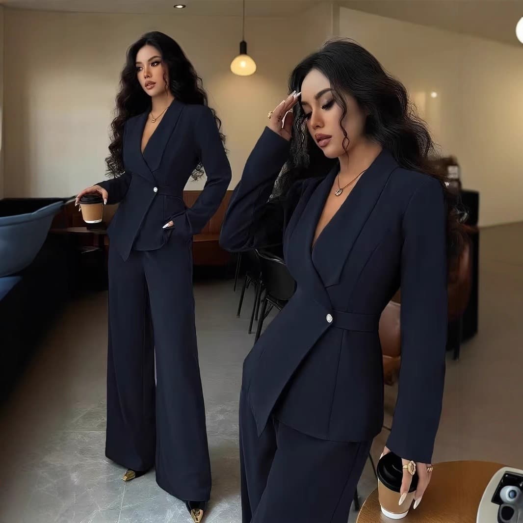Women's European and American Fashion Spring Autumn Casual Suit, Solid Color V-Neck Long Blazer with Wide-Leg Pants Two-Piece Set