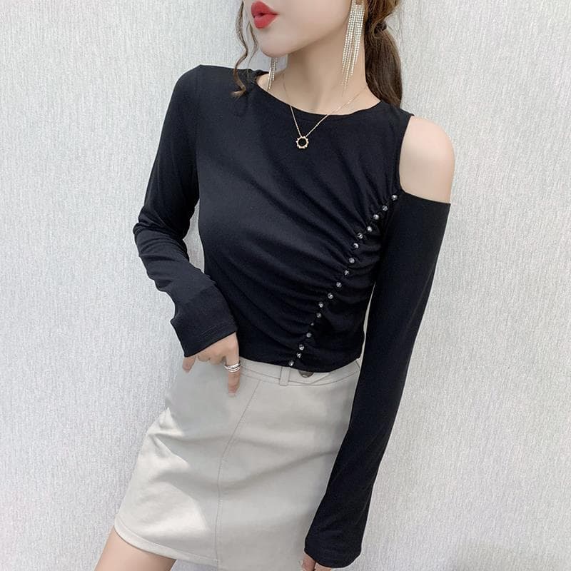 New Arrival Autumn/Winter Slimming Pearls Off-The-Shoulder Long Sleeve Solid Color Korean Style Slim Fit Women's Top Base T-Shir