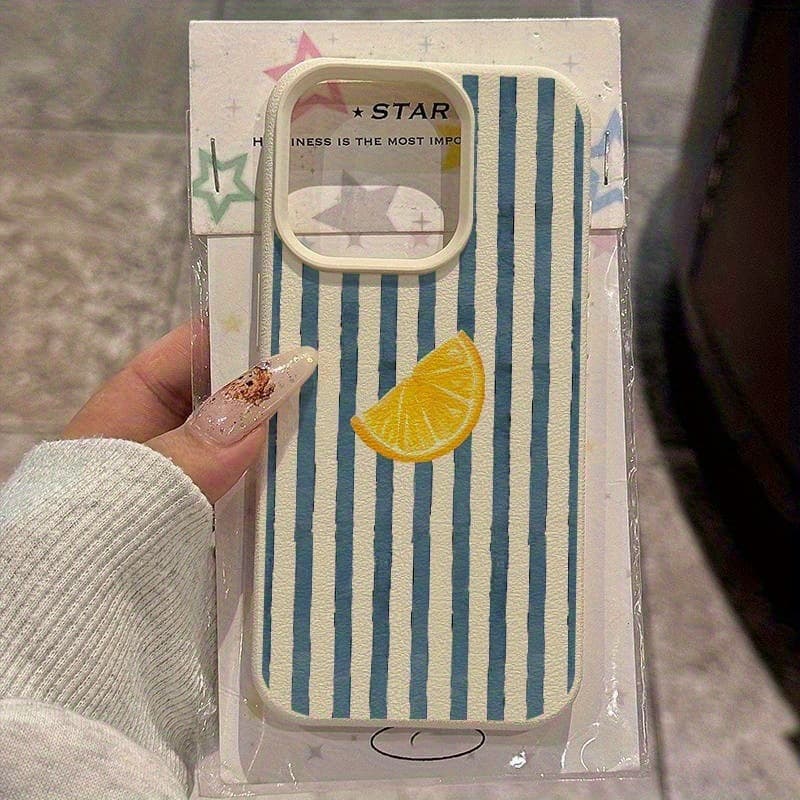 Lemon Blue Stripe for iPhone 16 Pro Max Case Apple 15 Premium 14 European American 17 Faux Leather Texture 13