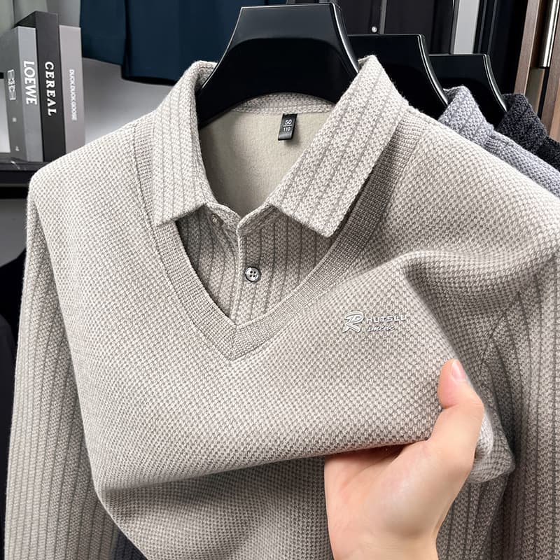 Men's Fake Two-Piece Collar Fleece-Lined Sweater New Winter Thick Warm Mid-Youth Base Layer Knitted Top