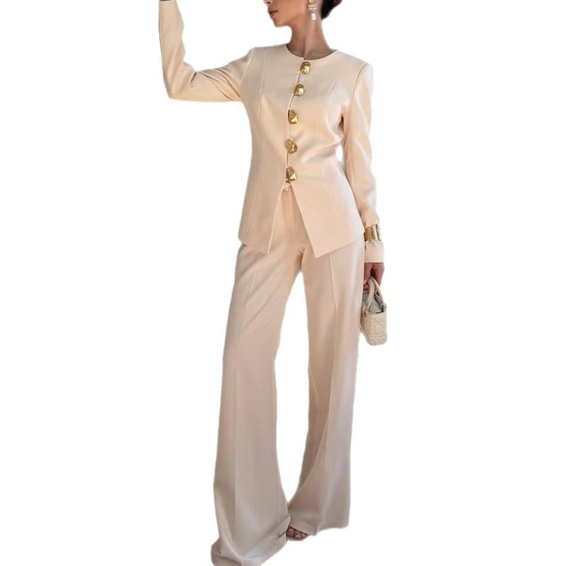 FD2353 In Stock 2025 Fall/Winter European and American Cross-Border Women's White Top Straight Loose Long Pants Suit Set