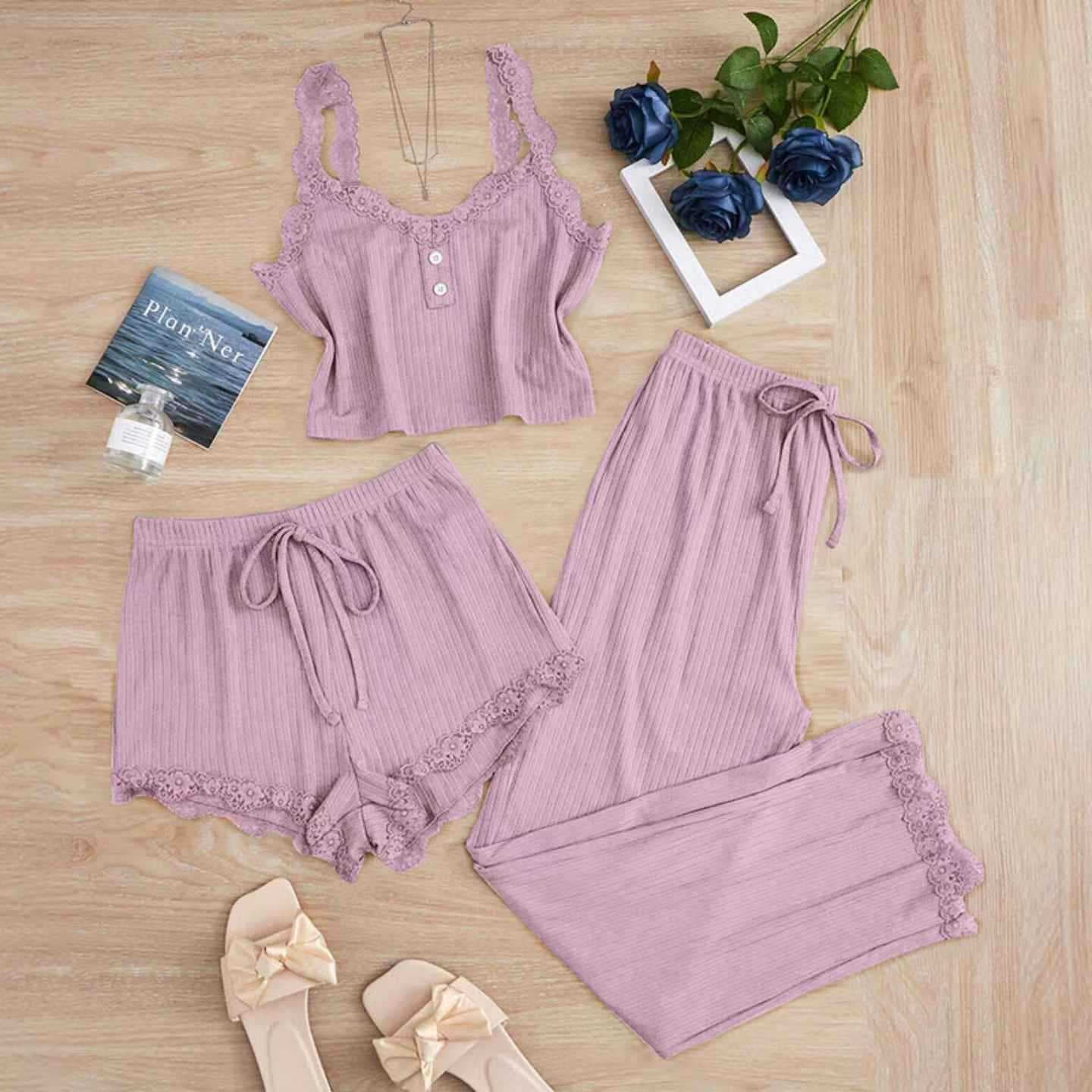 Hot-selling Cross-border Lace Trim 3-Piece Set: Camisole, Shorts, and Long Pants Sleepwear for Women, Slim Fit with Stretch