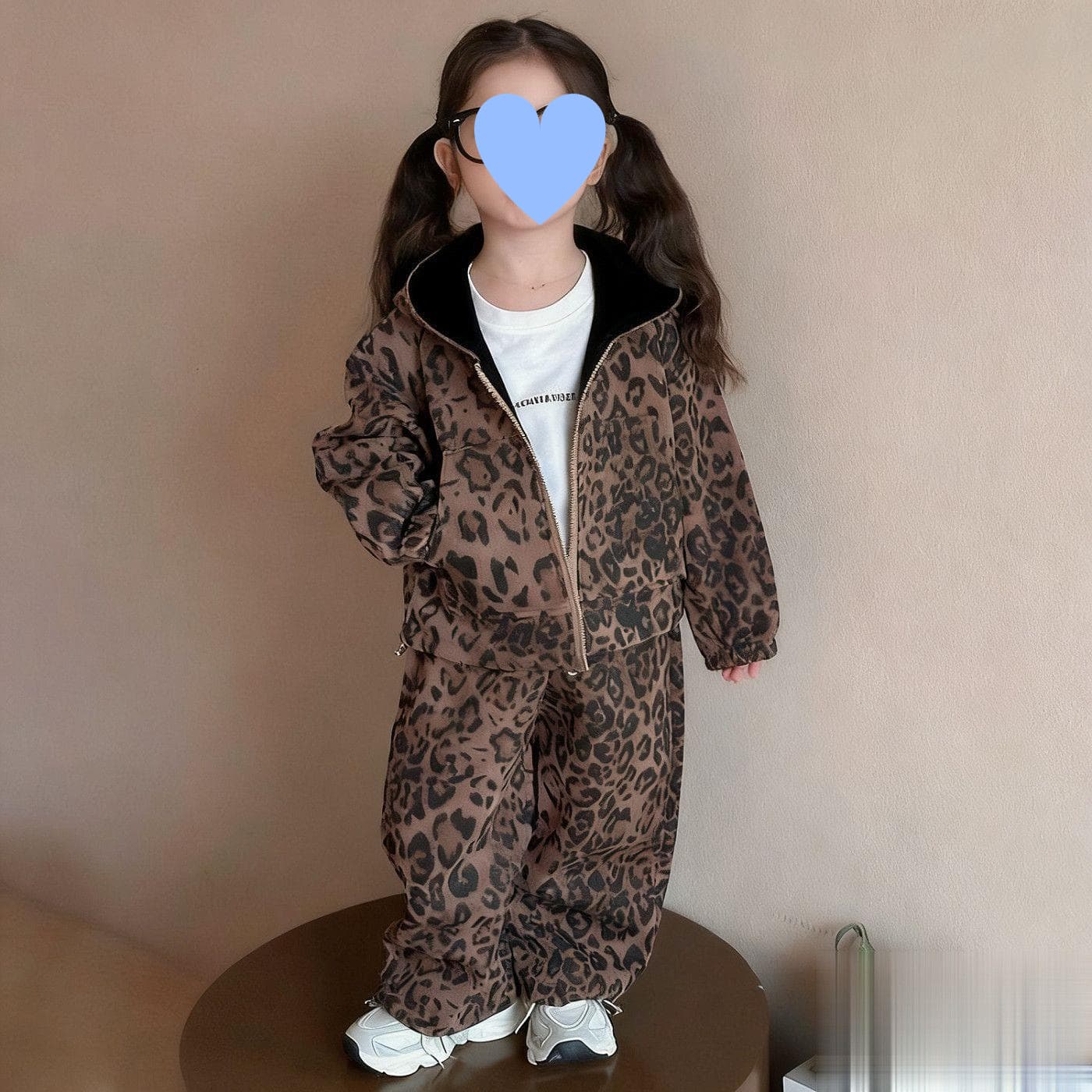 2026 Girls Spring Autumn Leopard Print Sport Set Toddler Kids Loose Hooded Jacket Long Pants Casual Two Piece