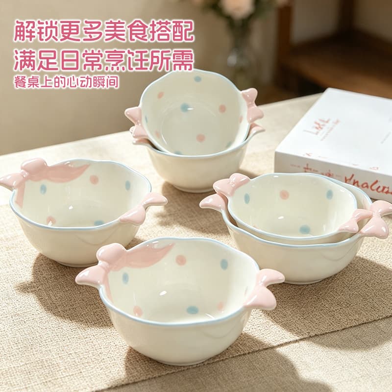 High-Appearance Dreamy Polka Dot Ins Style Yogurt Bowl Rice Bowl High-Temperature Underglaze Ceramic Tableware Minimalist Cute Home Bowl
