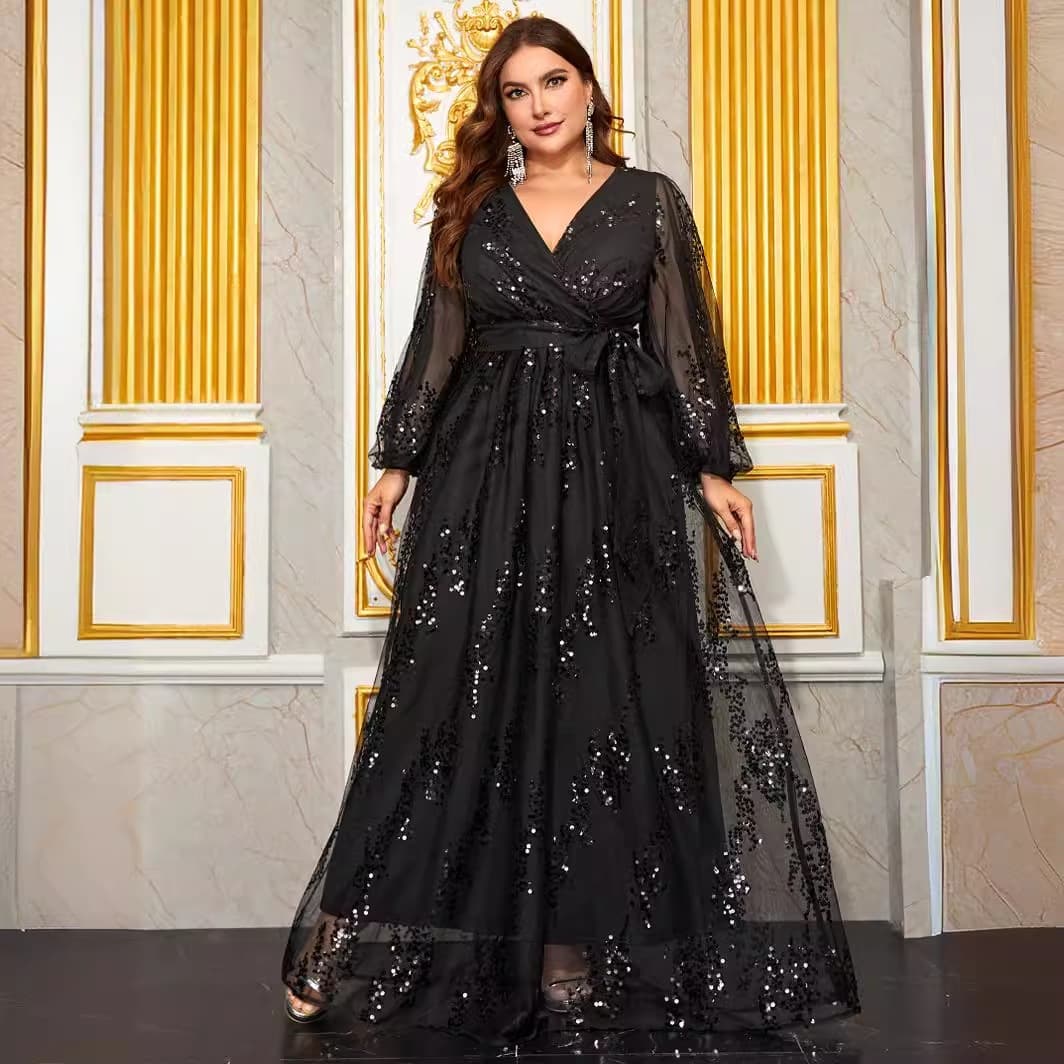 Plus Size Sequin Flower Party Evening Dress Lantern Sleeve Cross V-Neck Long Dress - FGLX20056