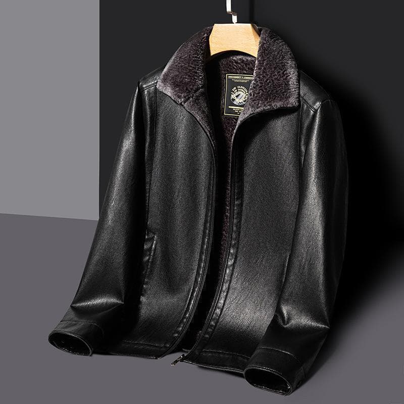 Premium Winter Warm Fur-Lined Leather Jacket for Middle-Aged and Elderly Men, Thickened and Quilted