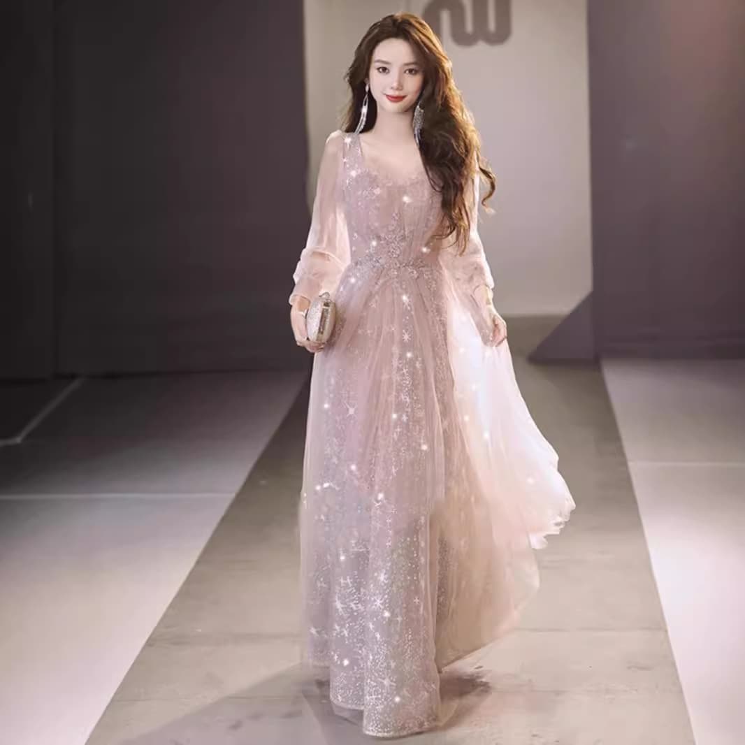 Pink Evening Gown for Women Banquet Elegant Light Luxury Unique Hostess Dignified Long Sleeve High-End Evening Dress