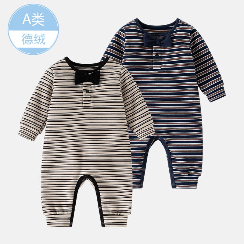 Autumn and winter baby jumpsuits new style German velvet long-sleeved striped harem clothes Category A newborn clothes 100-day-old crawling clothes
