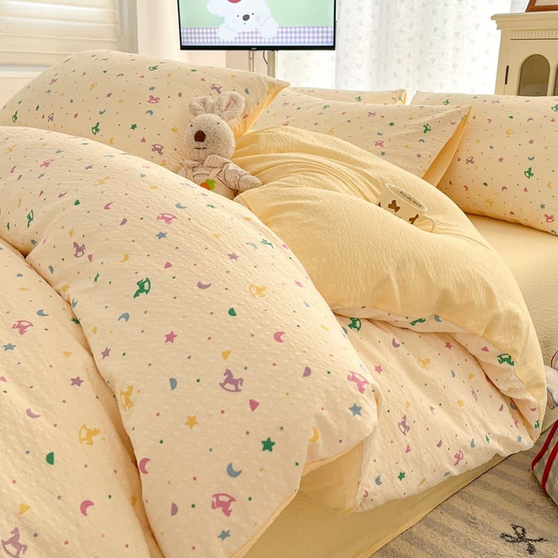 Fresh and Simple Ins-Style Puff Yarn Four-Piece Set, Soft Duvet Cover, Cute Cartoon Student Dormitory Three-Piece Set, Pure Bedding