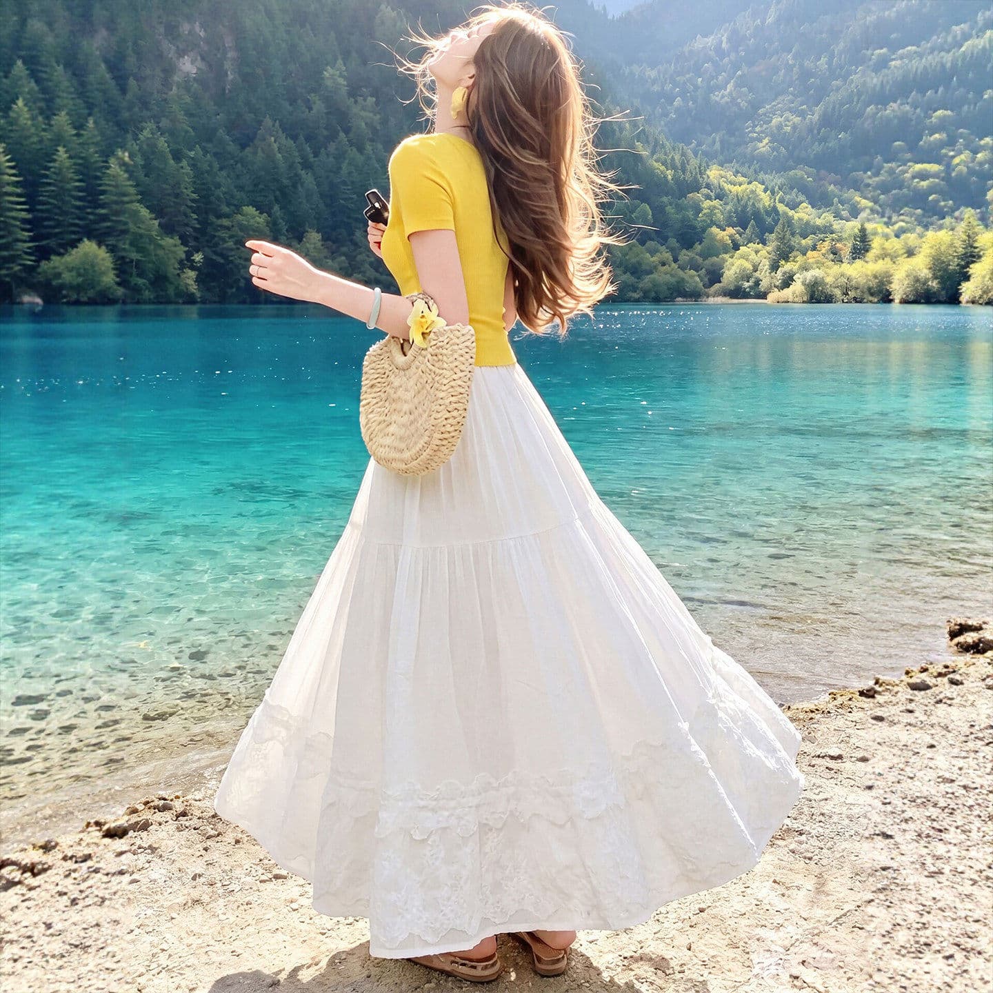 White lace skirt for women summer high-waisted A-line long skirt plus size fat mm slimming belly-covering cake skirt