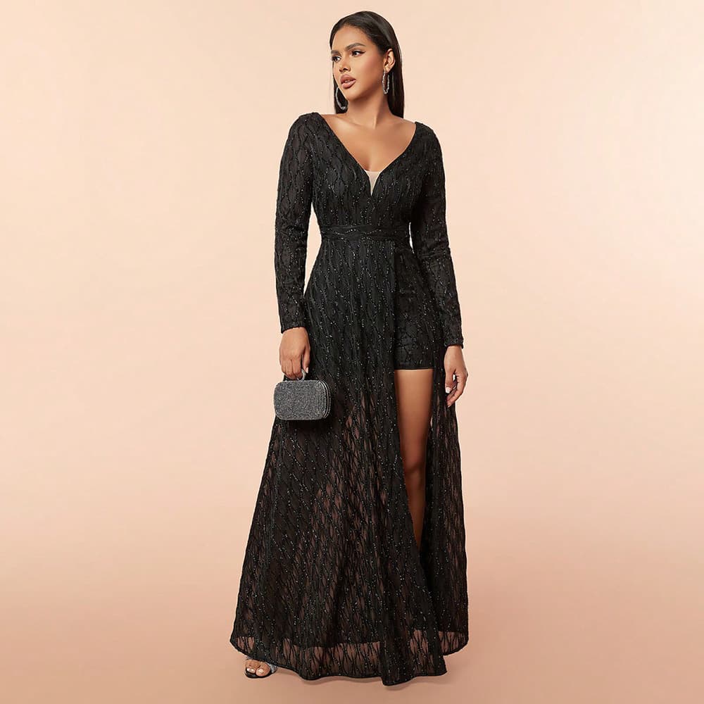 Amazon Spring Summer New Women's Elegant Style Dress Deep V Mesh Sequin Long Sleeve Floor-Length Formal Gown