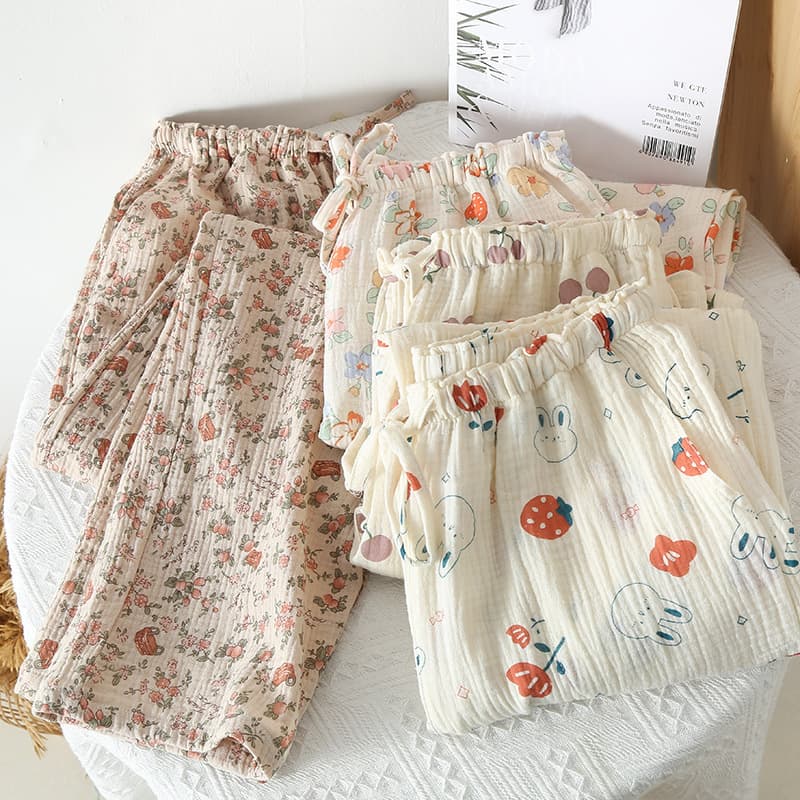Crepe Cotton Printed Pajama Pants for Women, Thin Four-Season Home Pants, Casual Long Pants with Side Pockets, Wearable Outside, Mom Air Conditioning Pants