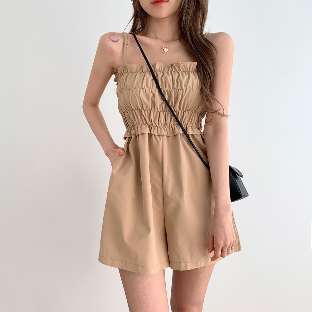 chic Korean style summer simple fashion pleated waist small suspenders wide leg shorts jumpsuit women's jumpsuit