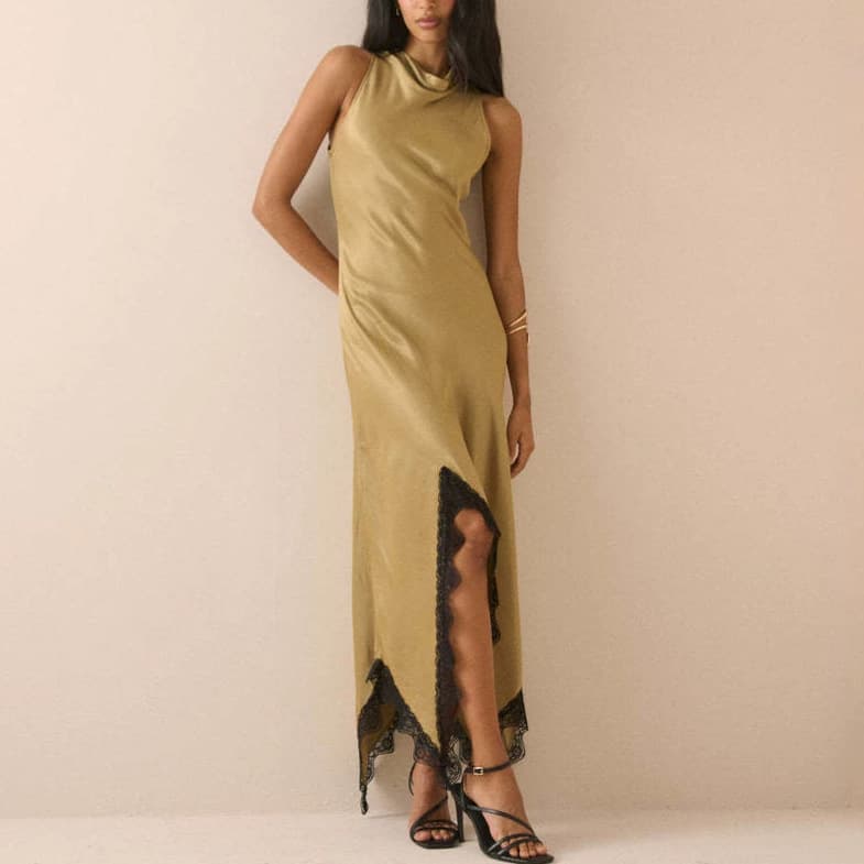 2026 Spring and Autumn New Style European and American Foreign Trade Women's Sleeveless Waist Dress Half-High Collar Covered Hips Slit Lace Trim Long Skirt