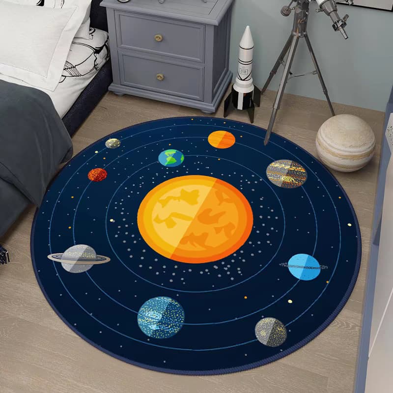 Cartoon Space Rocket Theme Round Carpet Kidsren's Room Bedroom Bedside Blanket Non-Slip Game Mat Learning Chair Mat