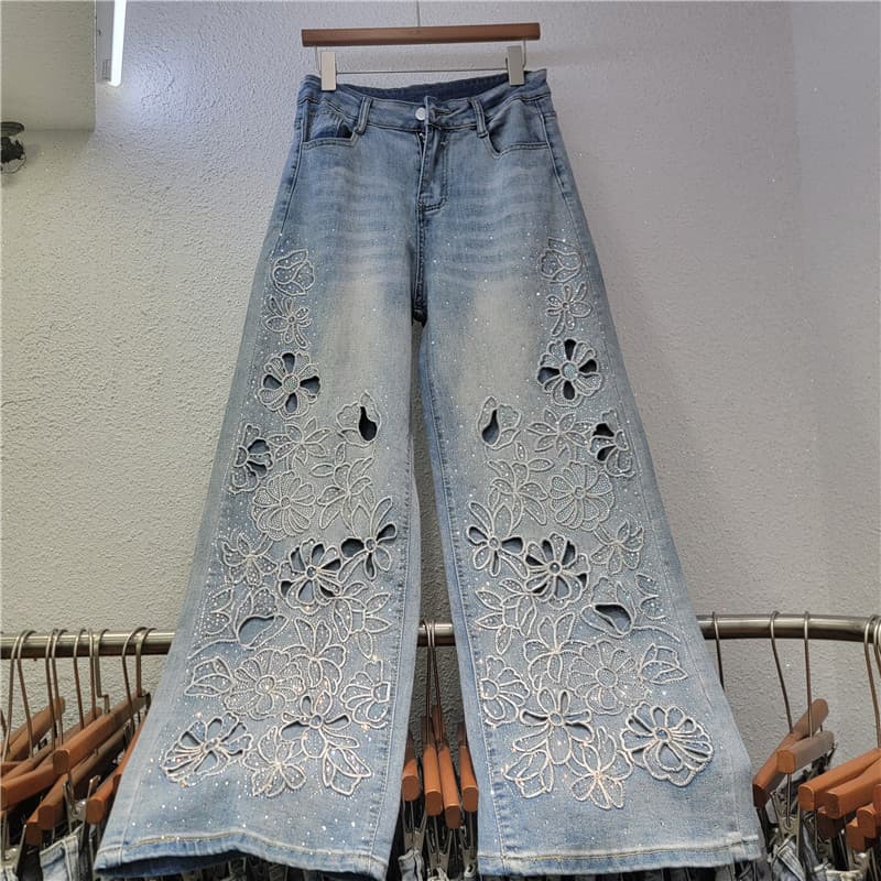 2026 New Spring Heavy Embroidery Rhinestone High-Waist Slimming Straight Wide-Leg Premium Denim Trousers for Women