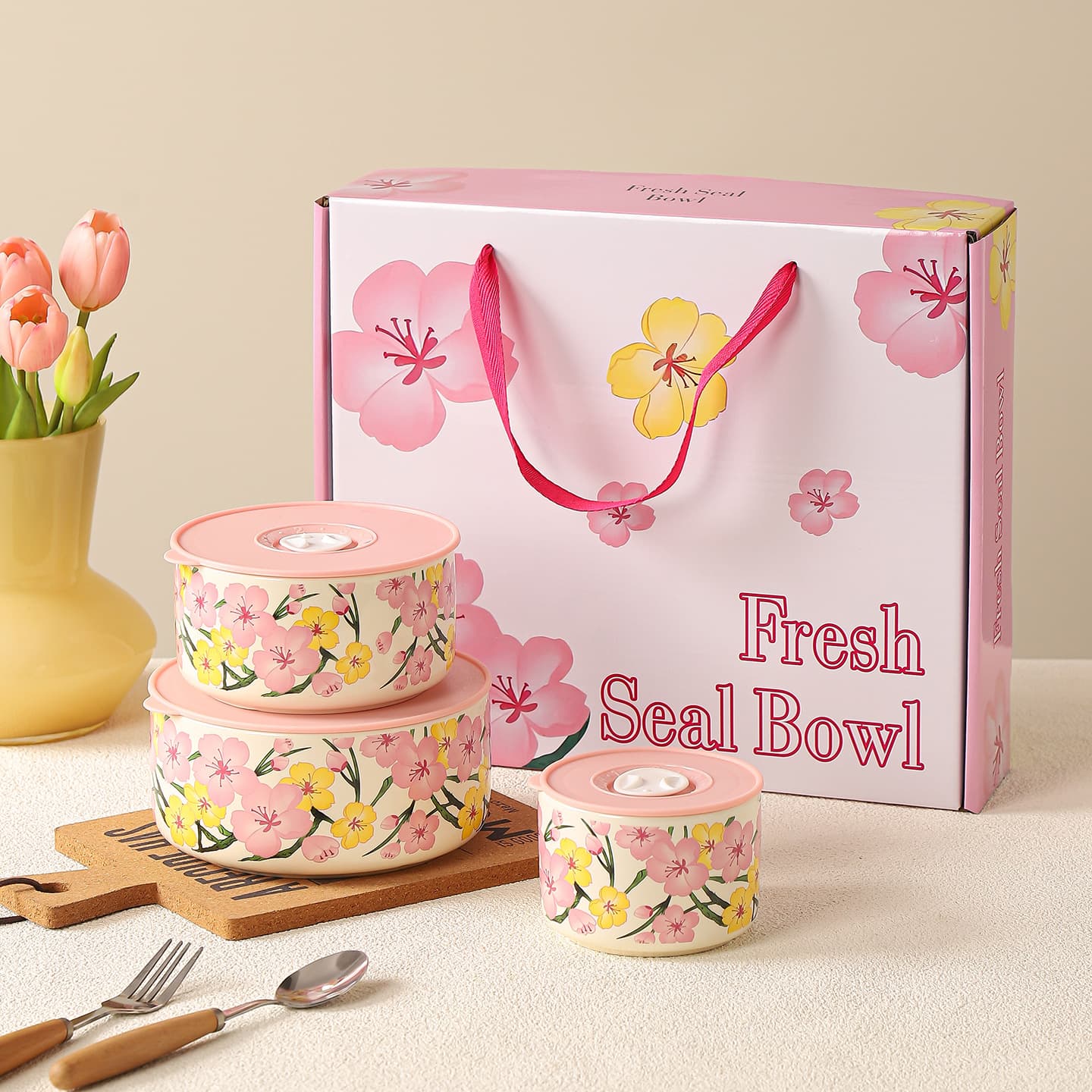 Chinese New Year Gift Ceramic Fresh-Keeping Bowl Set Retro Dinnerware Gift Box Vintage Bowl Wedding Return Gift Custom