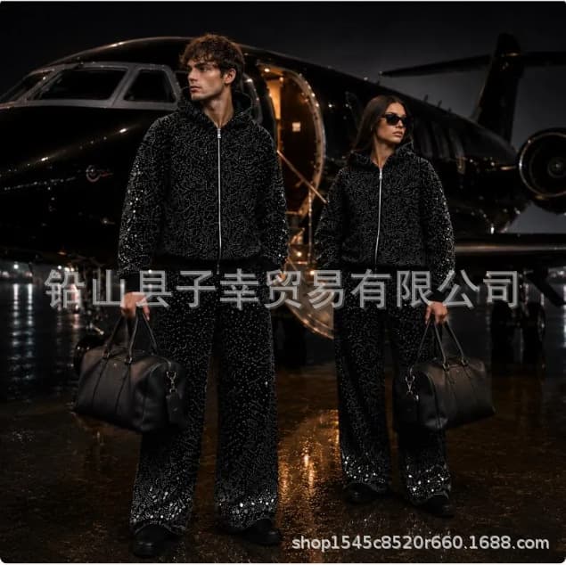European and American Starry Sky Print Hoodie Set Men's Printed Zip-Up Hoodie Wide Leg Sweatpants Two-Piece Set