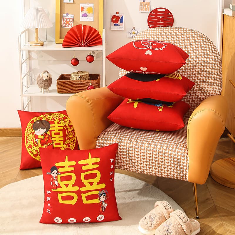 New Chinese Style Cartoon Print Double Happiness Throw Pillow for Wedding Bedroom Decoration, Living Room Sofa Cushion Cover