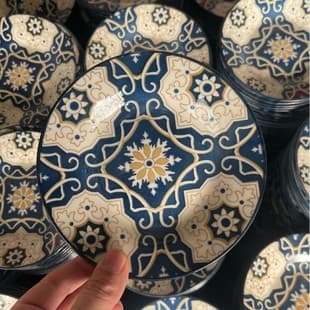 Factory Wholesale Ceramic Plate Round Dinner Plate Underglaze Color Bohemian Style Daily Household Ceramic Plate Soup Plate Rice Plate