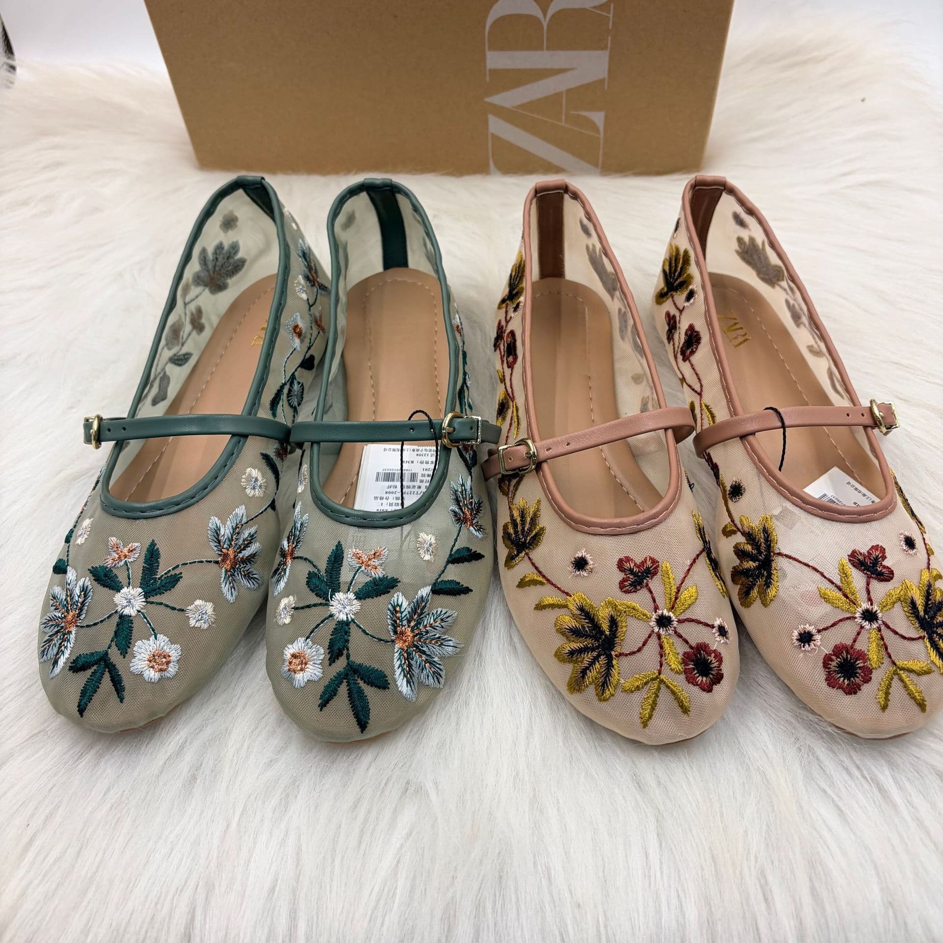 2006ZA Spring New Women's Shoes, Green Round-Toe Shallow Mouth Floral Embroidery Mesh Ballet Flats Single Shoes
