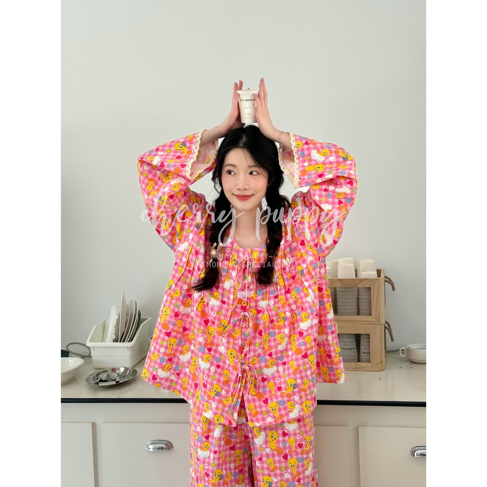 CHERRY PUPPY Tsuidi Long Sleeve Long Pants Set, Fleece Pajamas, Homewear, Cherry Puppy Cuidi Cartoon