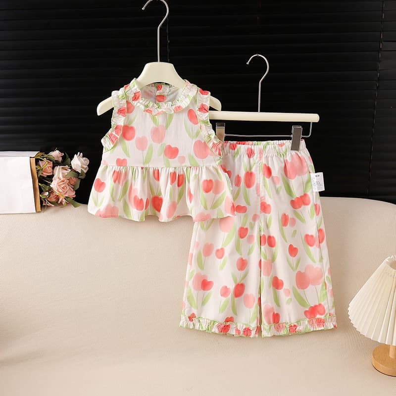 Summer new style baby girl tulip thin vest wide leg pants suit little flower fairy wide shoulder sleeves