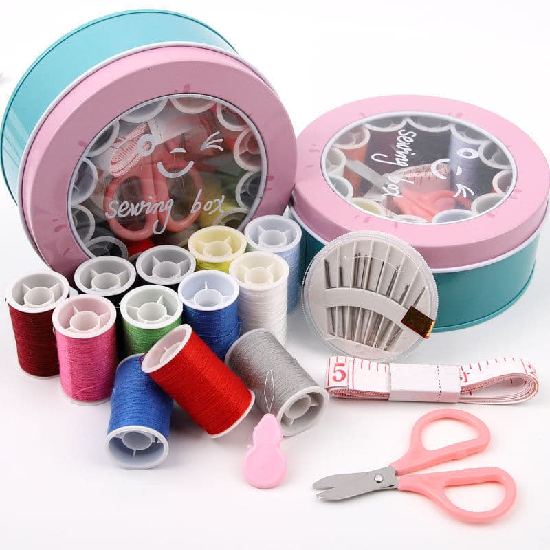 Round Window Tin Sewing Kit Set, Mending Tools, Home & Student Sewing Kit, Storage Hand Sewing Needle Thread Bag