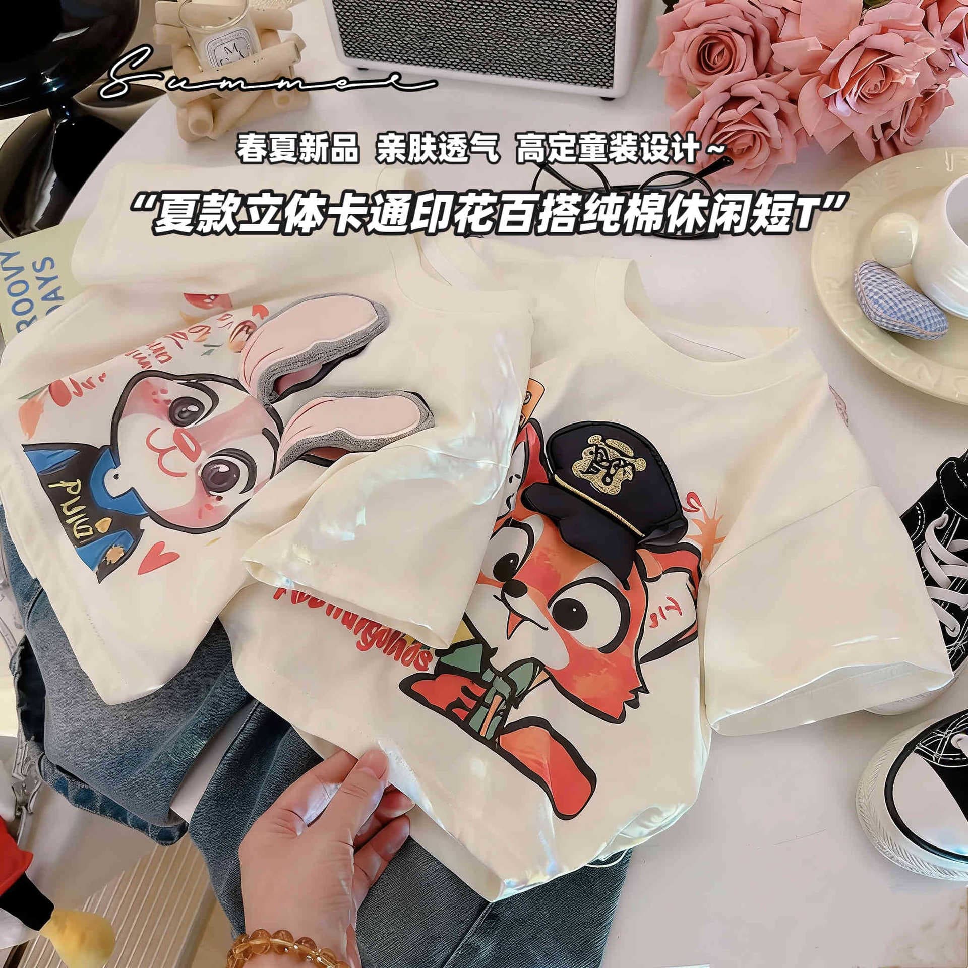 New Cotton Korean Style Girls Summer Short Sleeve T-Shirt Doll Summer Outfit Printed New Children's Stylish Cartoon Top